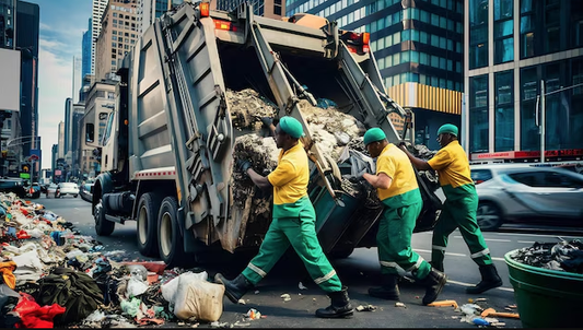 Business junk removal crew collecting trash and hauling debris with a commercial truck