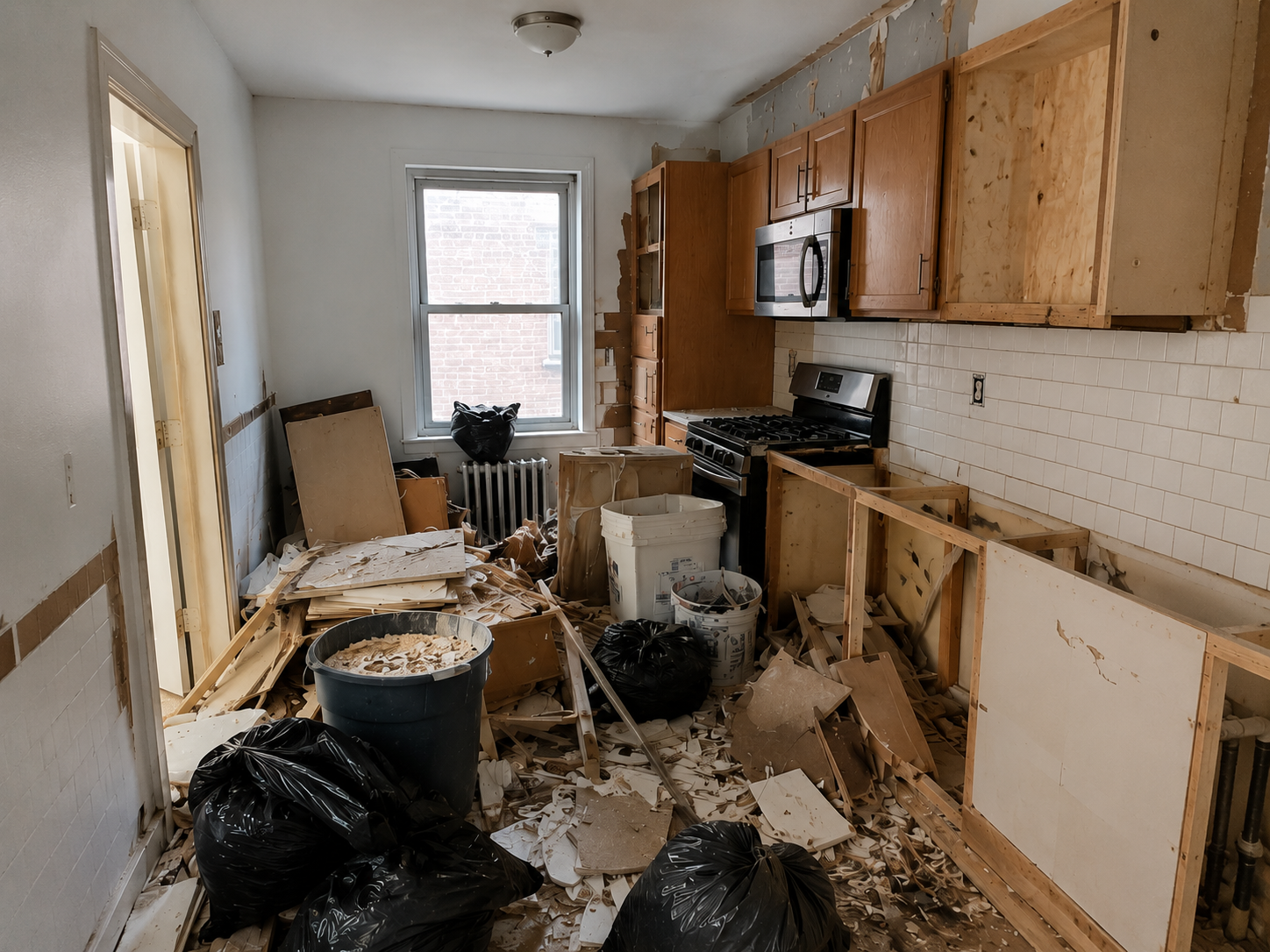 Kitchen renovation debris piled before removal in Boston