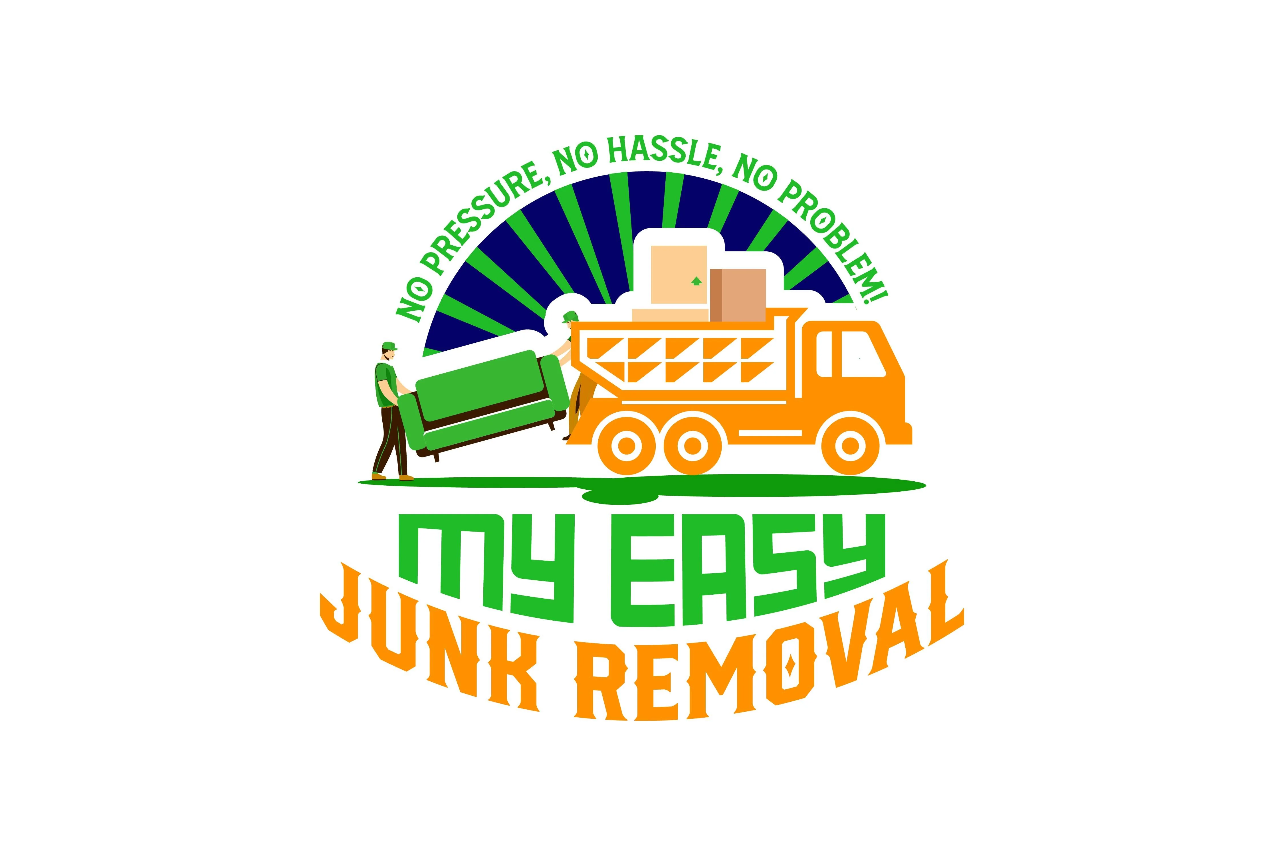 My Easy Junk Removal logo featuring a truck loading furniture and boxes, with the tagline "No Pressure, No Hassle, No Problem!"
